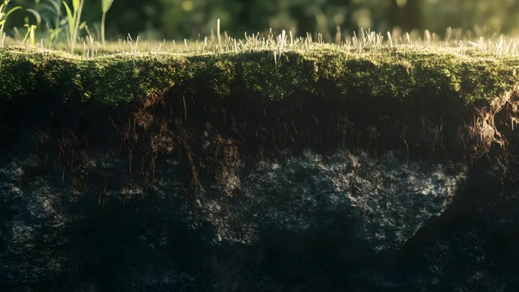 Εδαφικό προφίλ με οργανική ουσία και ρίζες που συμβάλλουν στη συγκράτηση νερού έδαφος δεν κρατάει νερό Ground cover and organic matter improving soil structure and water retention soil does not retain water